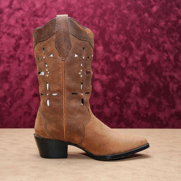 SF Women Brown Leather Jewel Mid Calf Cutout Western Cowboy Boots sz 6.5 - Picture 4 of 8